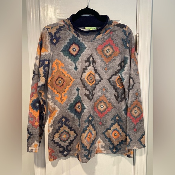 Trisha Tyler Size S Navy Blue Aztec Print Long Sleeve Mock Neck Stretch Top - Picture 1 of 11